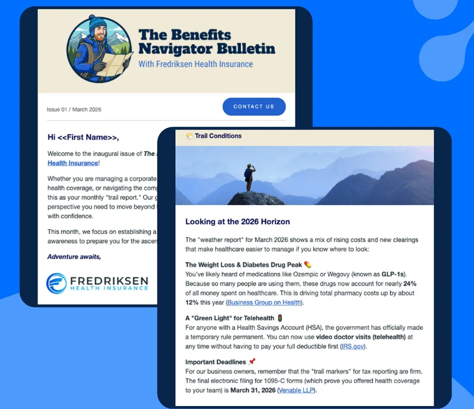 Two pages of The Benefits Navigator Bulletin newsletter for Fredriksen Health Insurance