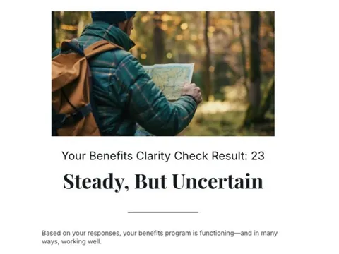 A quiz result page reading Your Benefits Clarity Check Result: 23, Steady, But Uncertain