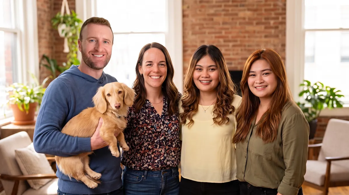 The Startup Sales Shop team together, with Louie in Jon's arms